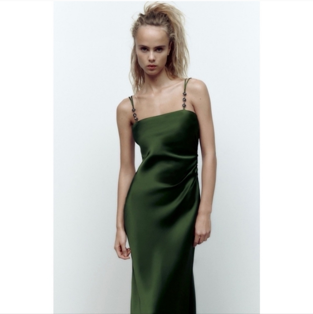 New Zara Satin Effect Jewel Straps Green Midi Dress NWT XS - Picture 3 of 17